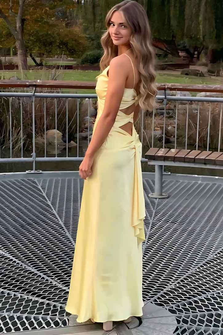 Satin V-Neck Sleeveless Long Evening Gown with Spaghetti Straps