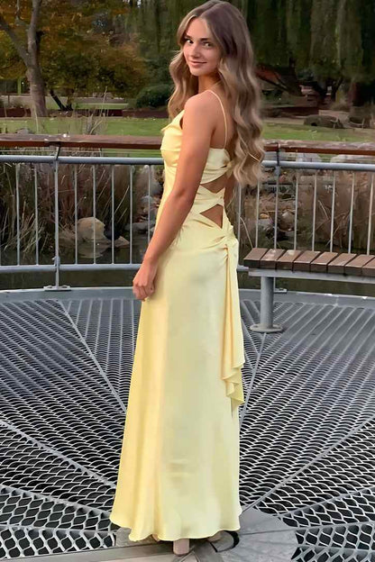 Satin V-Neck Sleeveless Long Evening Gown with Spaghetti Straps