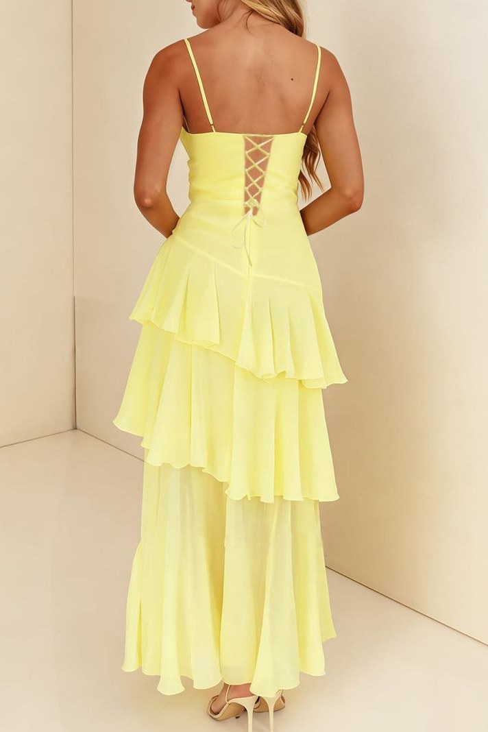 Vibrant Yellow Spaghetti Straps Layered Sleeveless Long Prom Dress