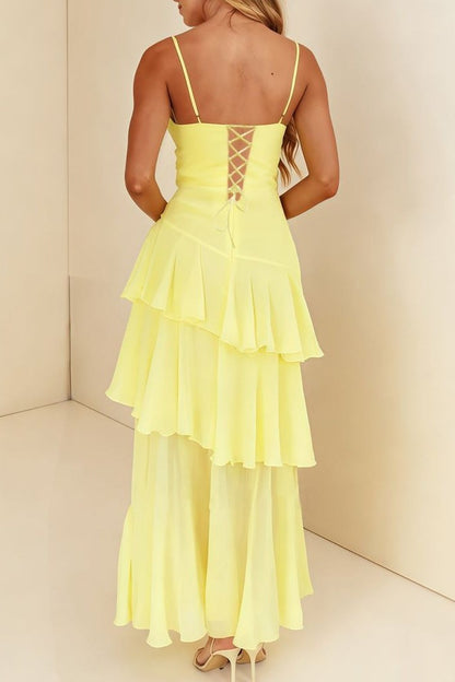 Vibrant Yellow Spaghetti Straps Layered Sleeveless Long Prom Dress