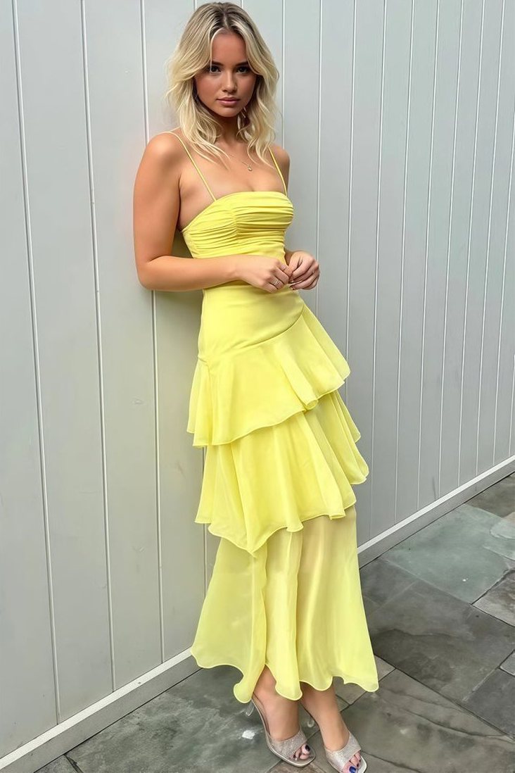 Vibrant Yellow Spaghetti Straps Layered Sleeveless Long Prom Dress