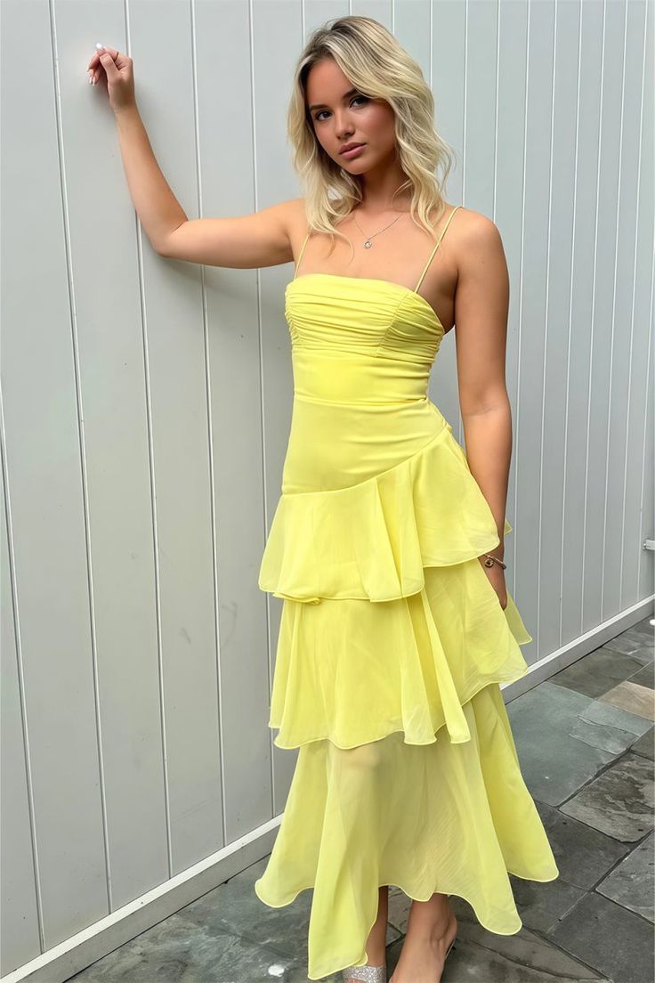 Vibrant Yellow Spaghetti Straps Layered Sleeveless Long Prom Dress