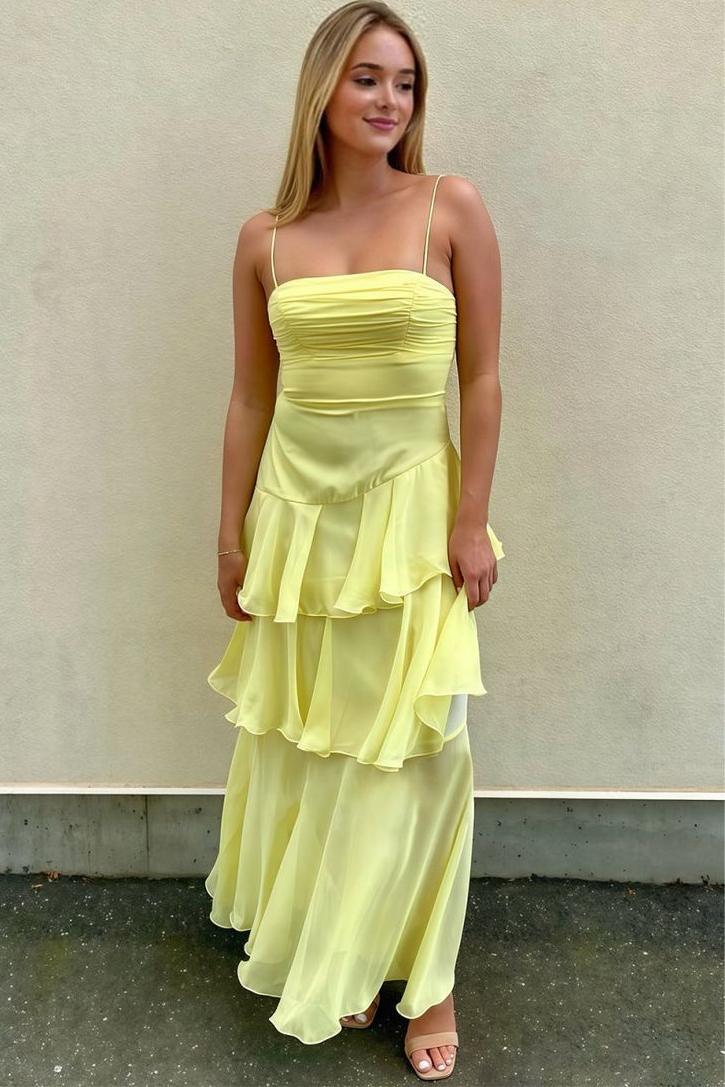 Vibrant Yellow Spaghetti Straps Layered Sleeveless Long Prom Dress