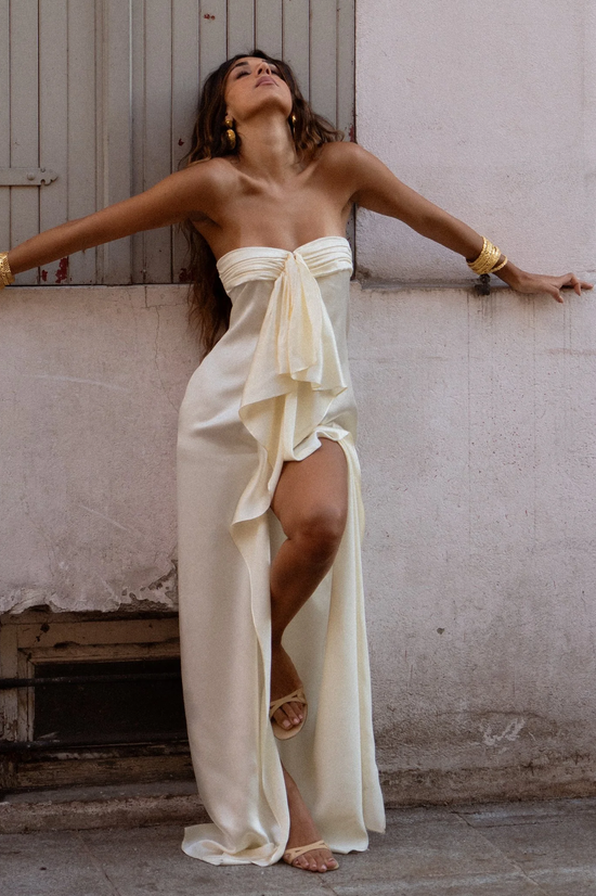 Strapless High Slit Sleeveless Ruffle Long Prom Party Dress