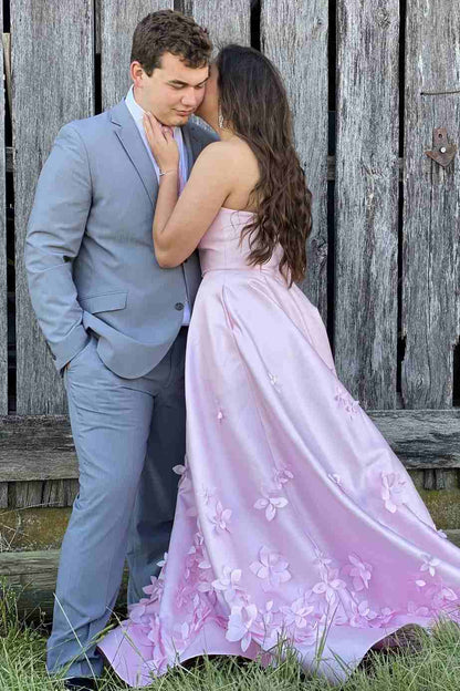 A-Line Strapless Empire-Waist Prom Dress Featuring Elegant 3D Floral Appliques