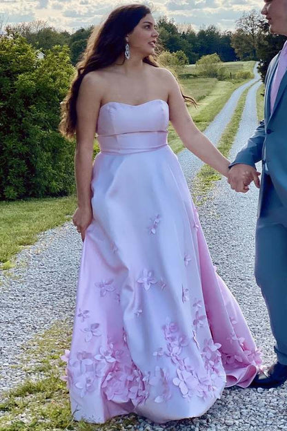 A-Line Strapless Empire-Waist Prom Dress Featuring Elegant 3D Floral Appliques