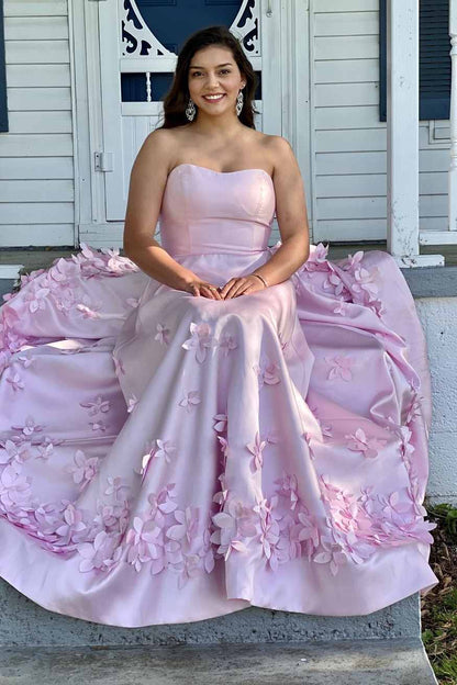 A-Line Strapless Empire-Waist Prom Dress Featuring Elegant 3D Floral Appliques