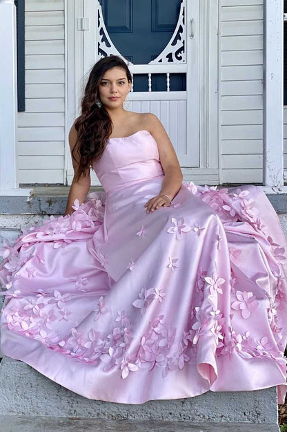 A-Line Strapless Empire-Waist Prom Dress Featuring Elegant 3D Floral Appliques