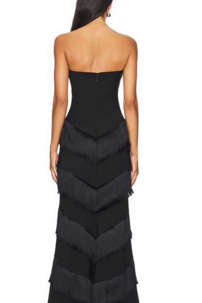 Strapless Tiered Tassel Sleeveless Long Formal Prom Dress