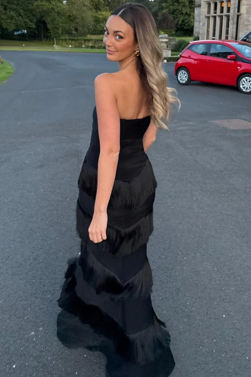 Black Strapless Tiered Tassel Sleeveless Long Prom Formal Dress