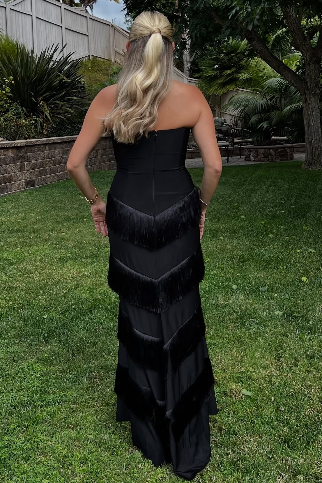 Strapless Tiered Tassel Sleeveless Long Formal Prom Dress