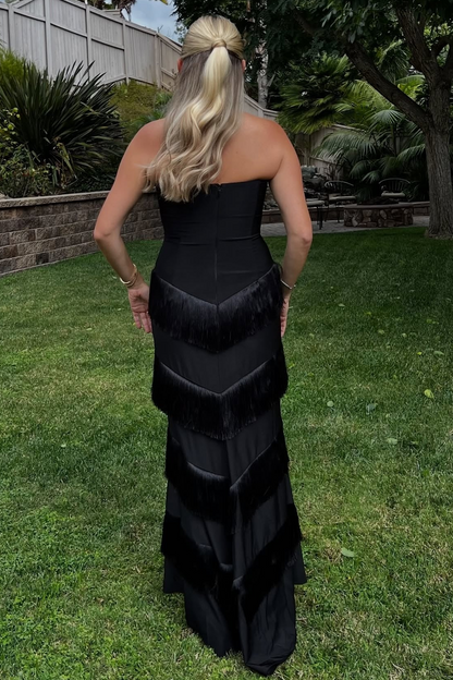 Strapless Tiered Tassel Sleeveless Long Formal Prom Dress