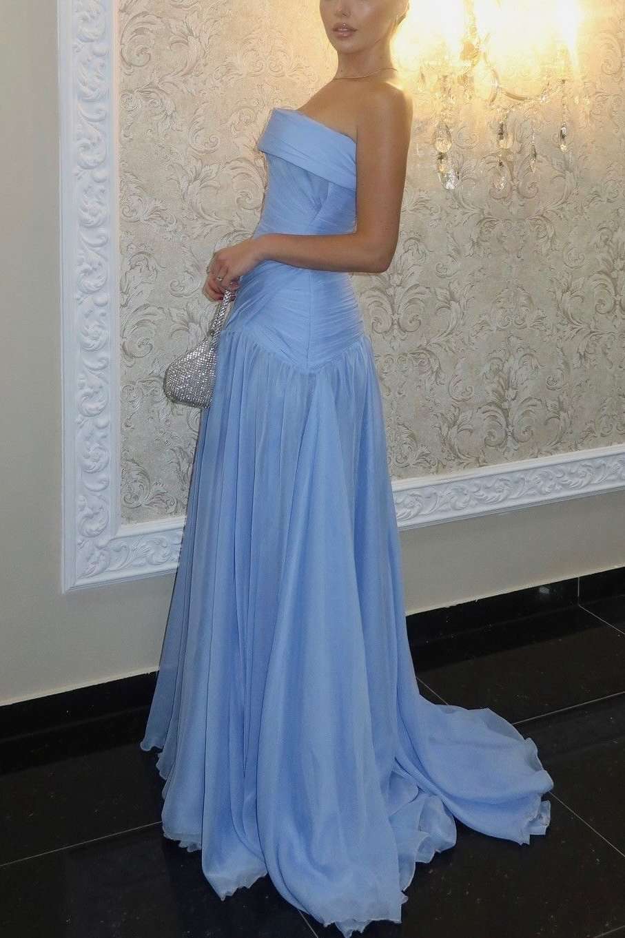 Strapless Sky Blue A-Line Evening Prom Dress with Pleats