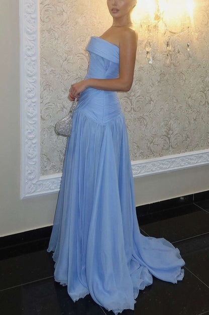 Strapless Sky Blue A-Line Evening Prom Dress with Pleats