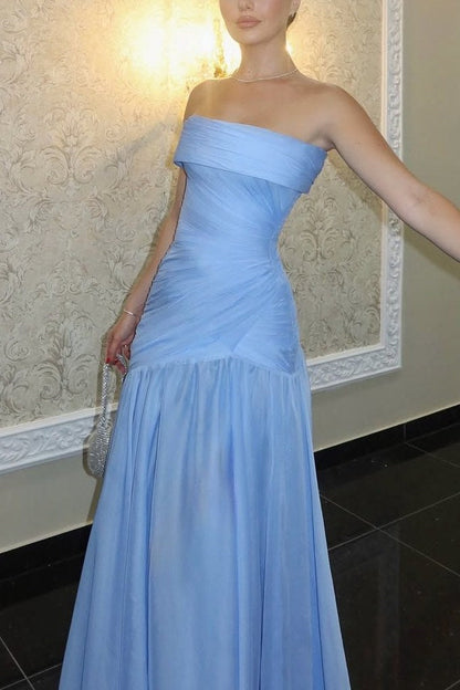 Strapless Sky Blue A-Line Evening Prom Dress with Pleats