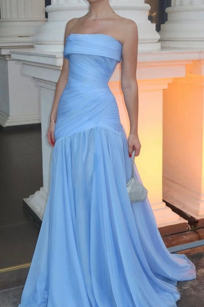 Strapless Sky Blue A-Line Evening Prom Dress with Pleats