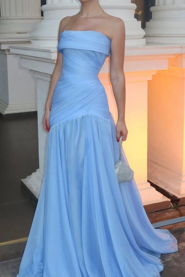 Strapless Sky Blue A-Line Evening Prom Dress with Pleats