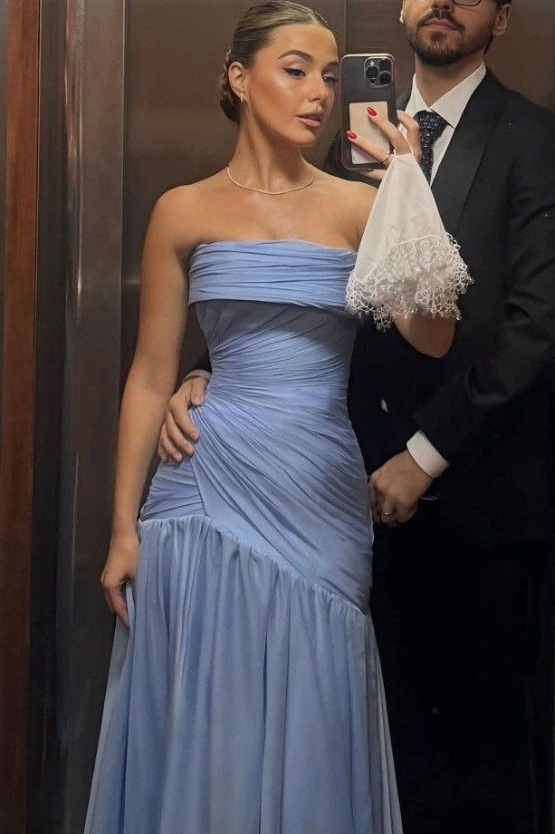 Strapless Sky Blue A-Line Evening Prom Dress with Pleats