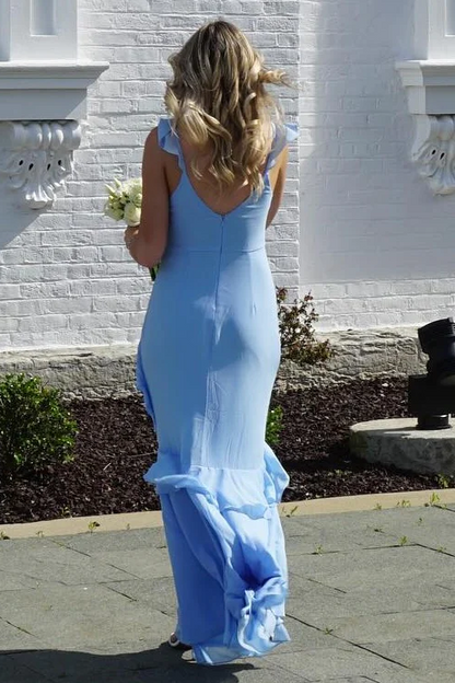 Blue Chiffon V-Neck Ruffled Sleeveless Long Formal Prom Dress