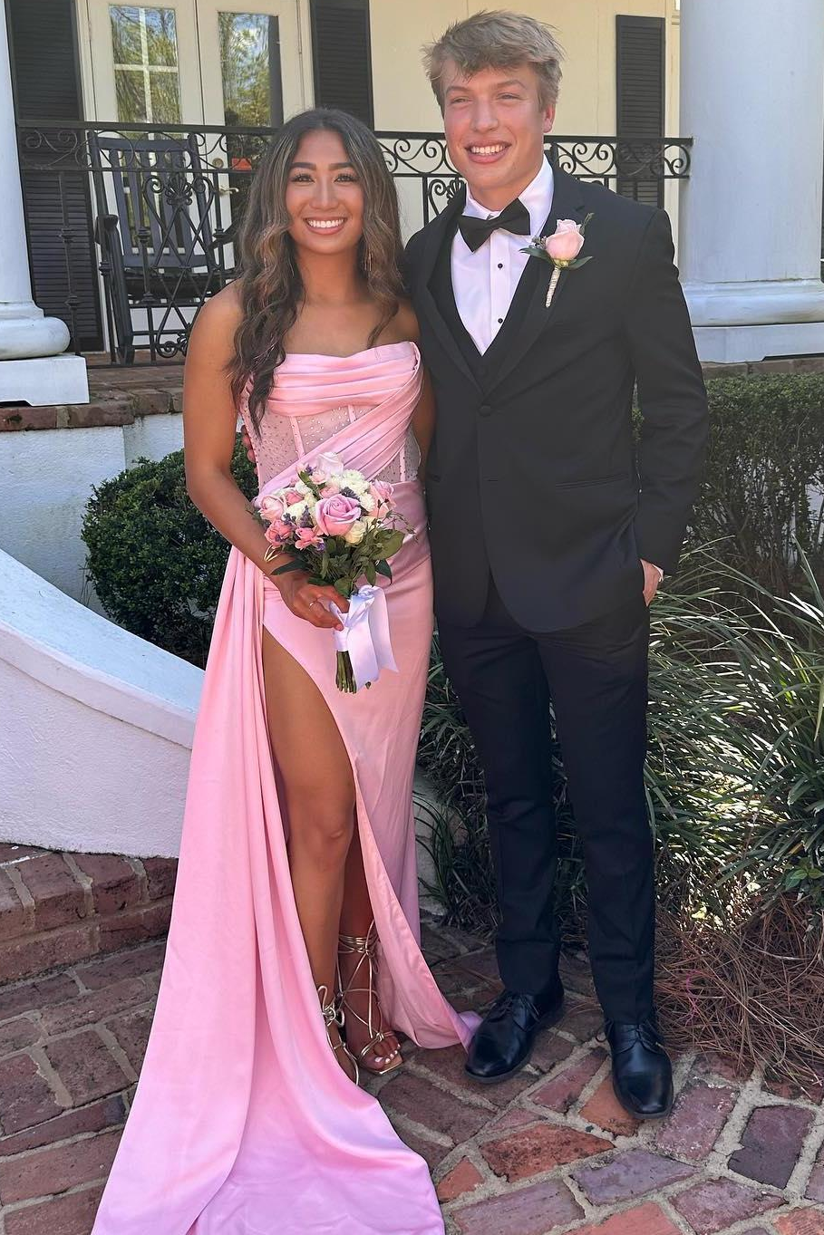 Strapless Fitted Pleated High Slit Long Prom Dress with Rhinestones