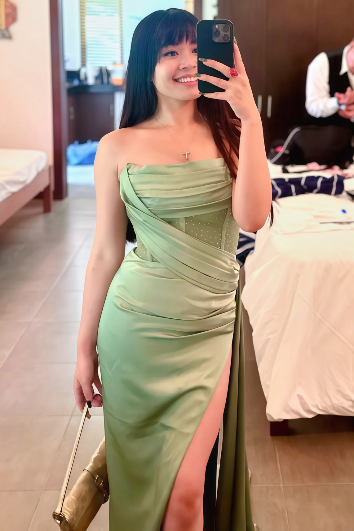 Strapless Fitted Pleated High Slit Long Prom Dress with Rhinestones