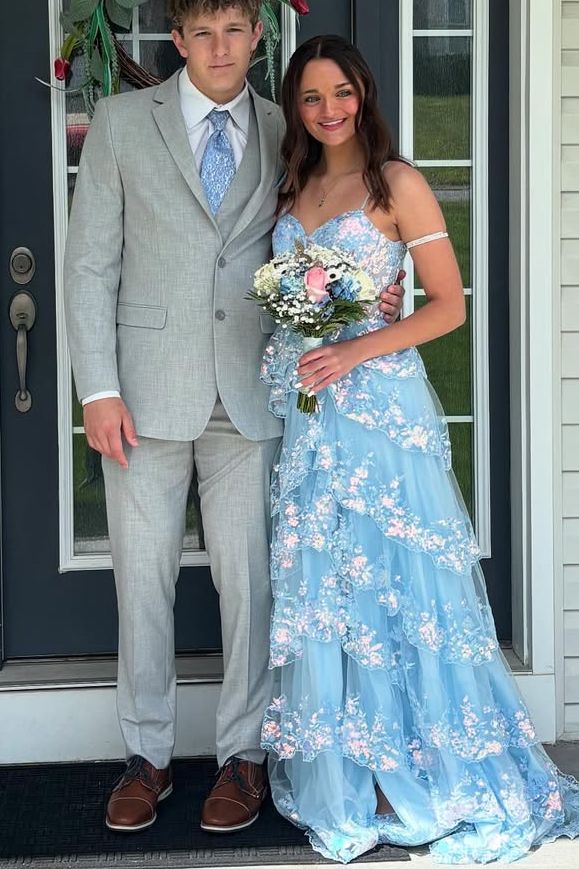A-Line Spaghetti Straps Empire-Waist Ruffles Long Prom Dress