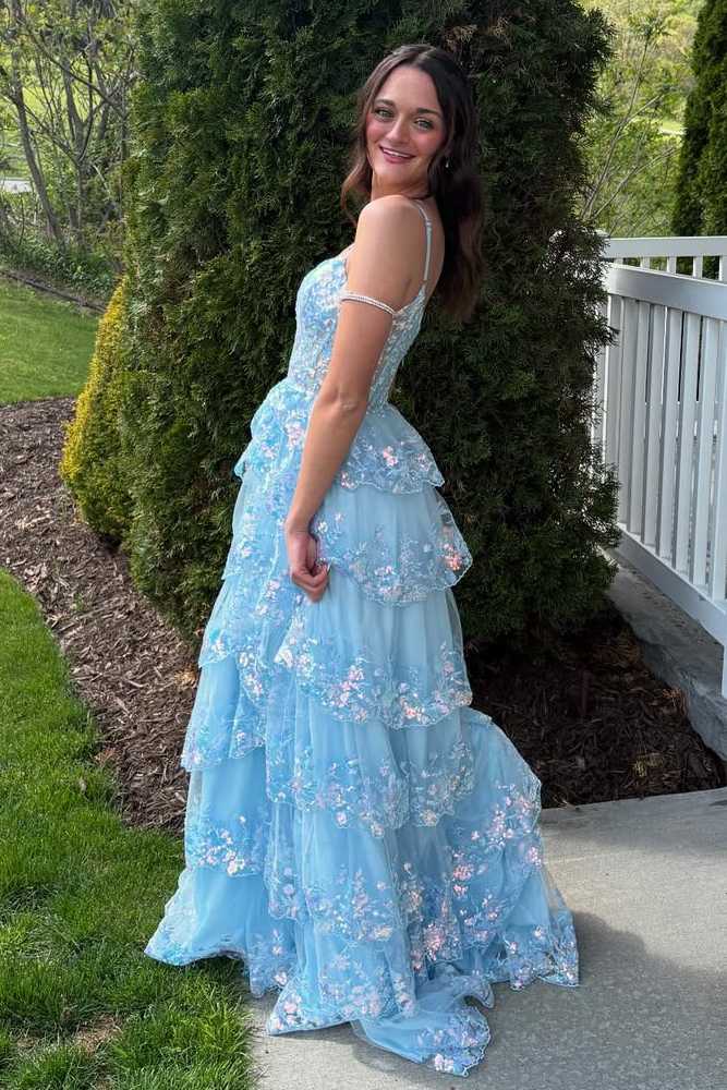 A-Line Spaghetti Straps Empire-Waist Ruffles Long Prom Dress