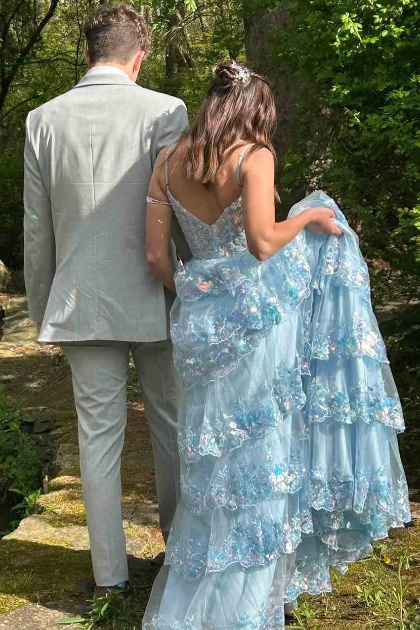 A-Line Spaghetti Straps Empire-Waist Ruffles Long Prom Dress