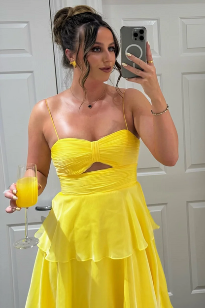 Yellow Spaghetti Straps A-Line Sweetheart Tiered Chiffon Prom Dress