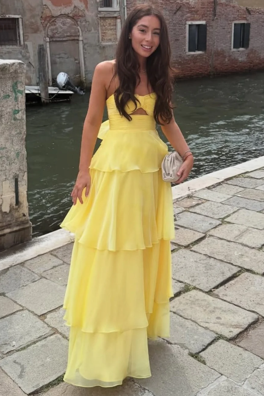 Yellow Spaghetti Straps A-Line Sweetheart Tiered Chiffon Prom Dress