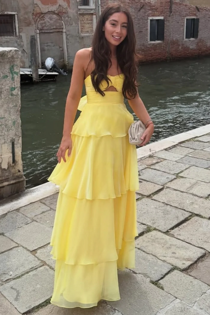Yellow Spaghetti Straps A-Line Sweetheart Tiered Chiffon Prom Dress