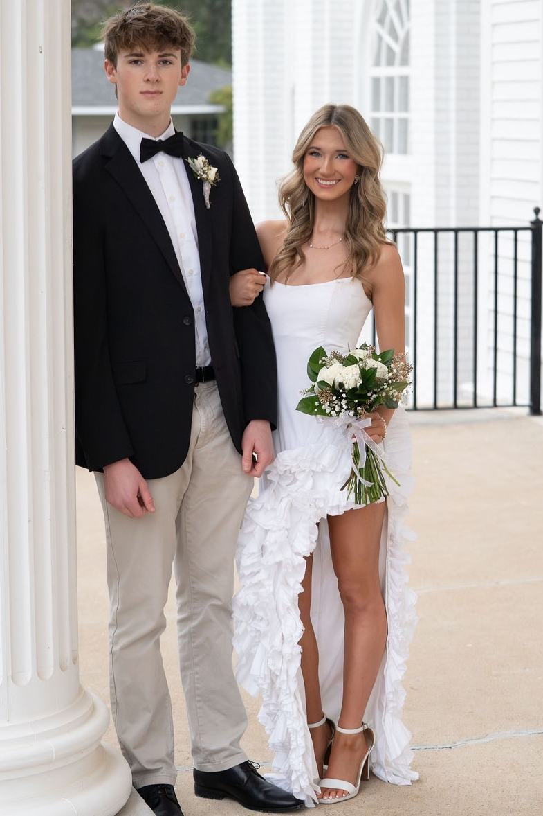 White Strapless Scoop Neck Ruffle Long Prom Dress with Slit