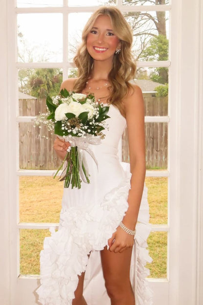 White Strapless Scoop Neck Ruffle Long Prom Dress with Slit
