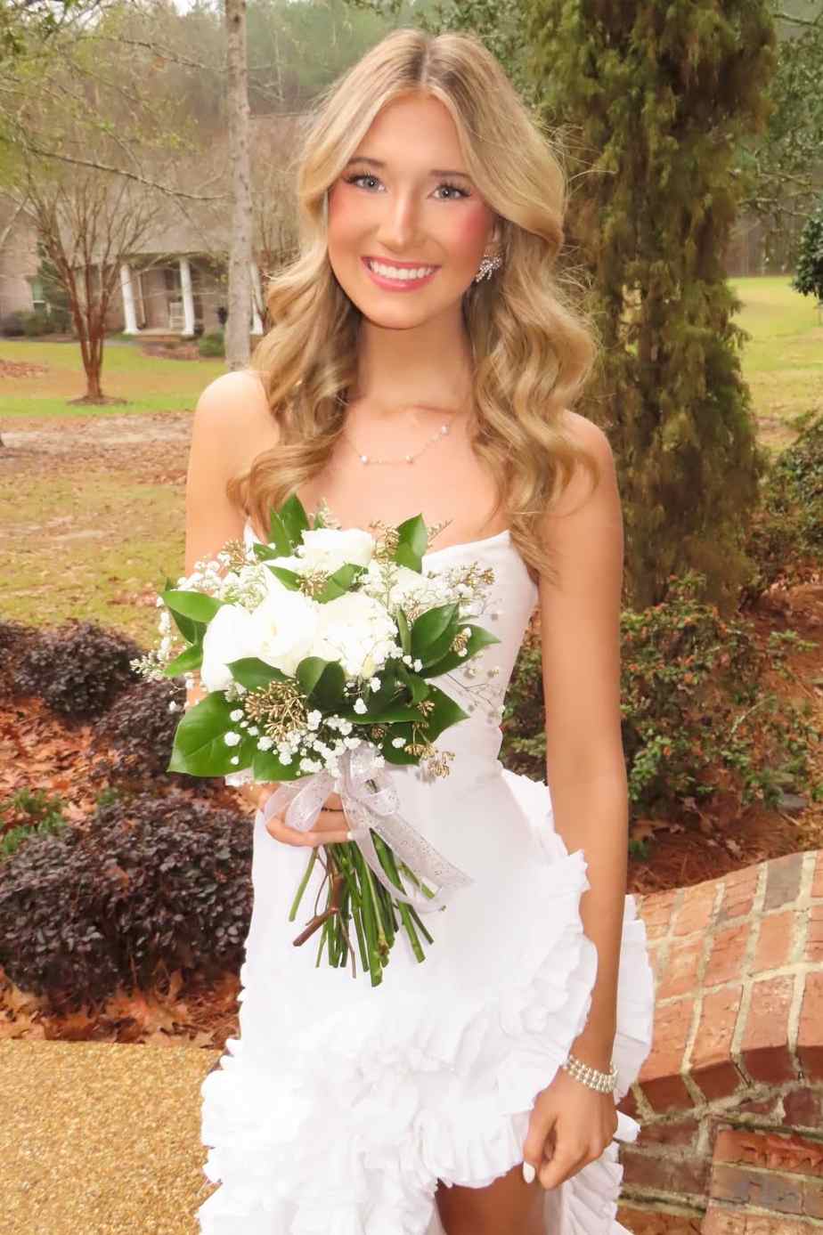 White Strapless Scoop Neck Ruffle Long Prom Dress with Slit