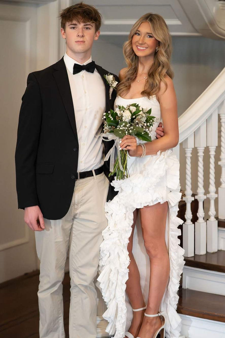 White Strapless Scoop Neck Ruffle Long Prom Dress with Slit