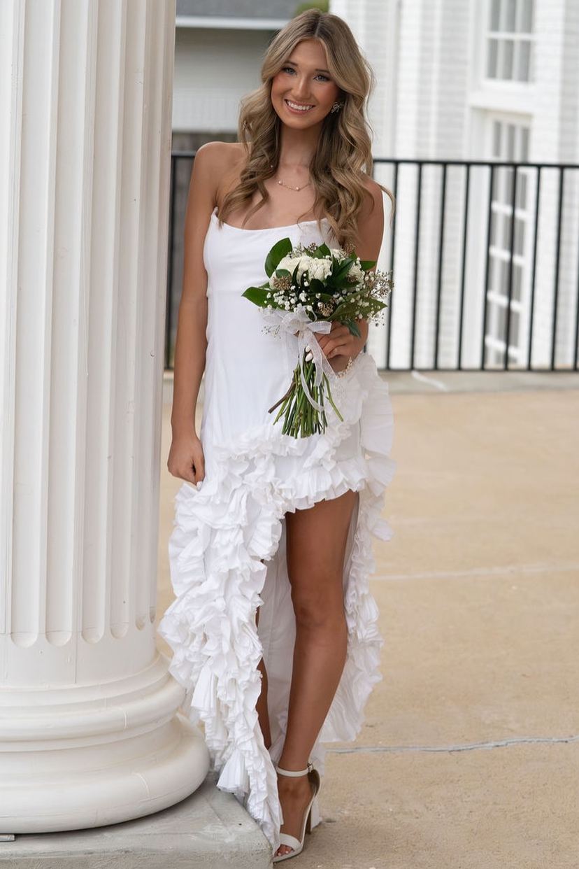 White Strapless Scoop Neck Ruffle Long Prom Dress with Slit