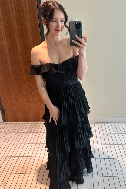 Off-Shoulder A-Line Pleated Empire-Waist Ruffles Long Formal Prom Dress