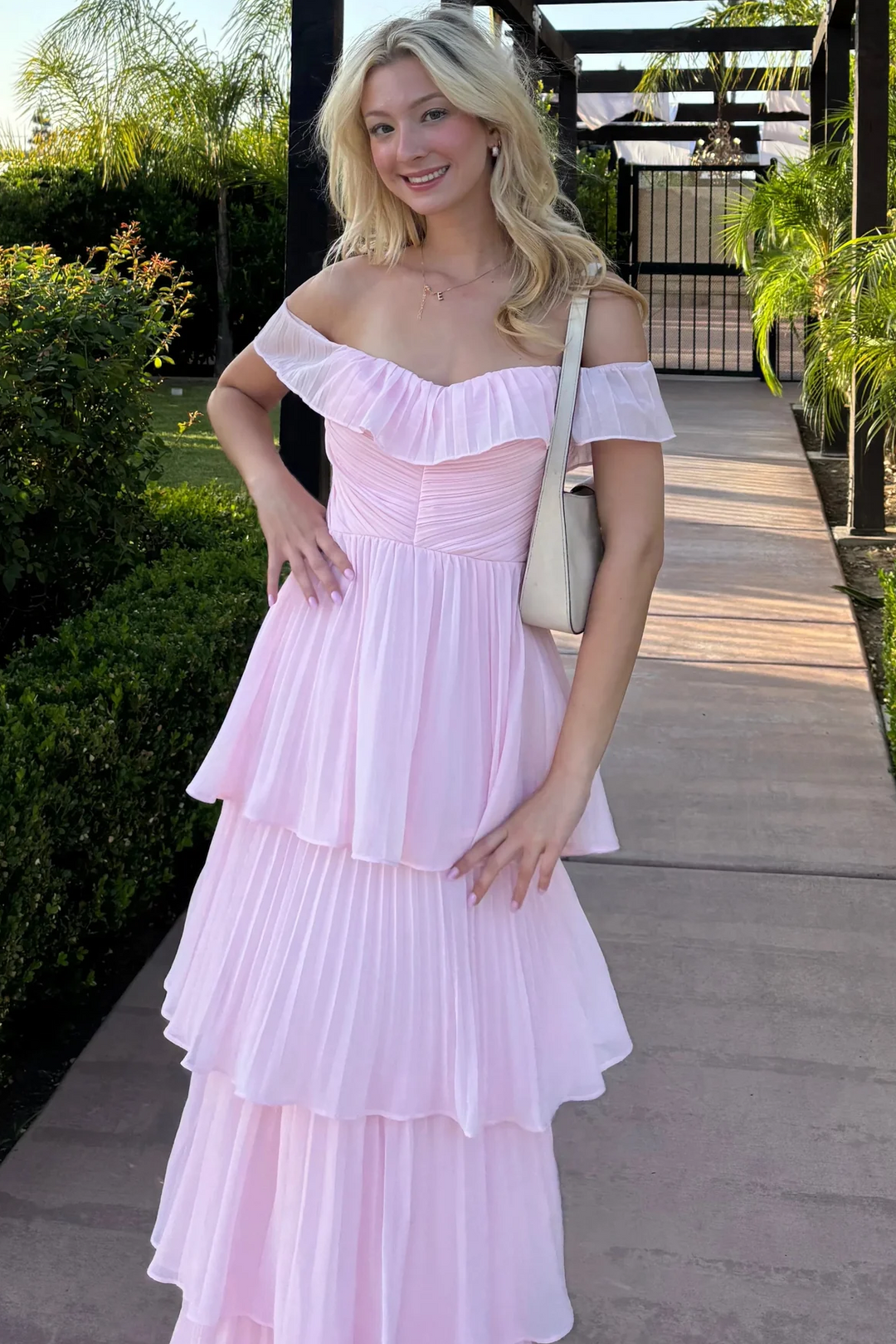 Off-Shoulder A-Line Pleated Empire-Waist Ruffles Long Formal Prom Dress