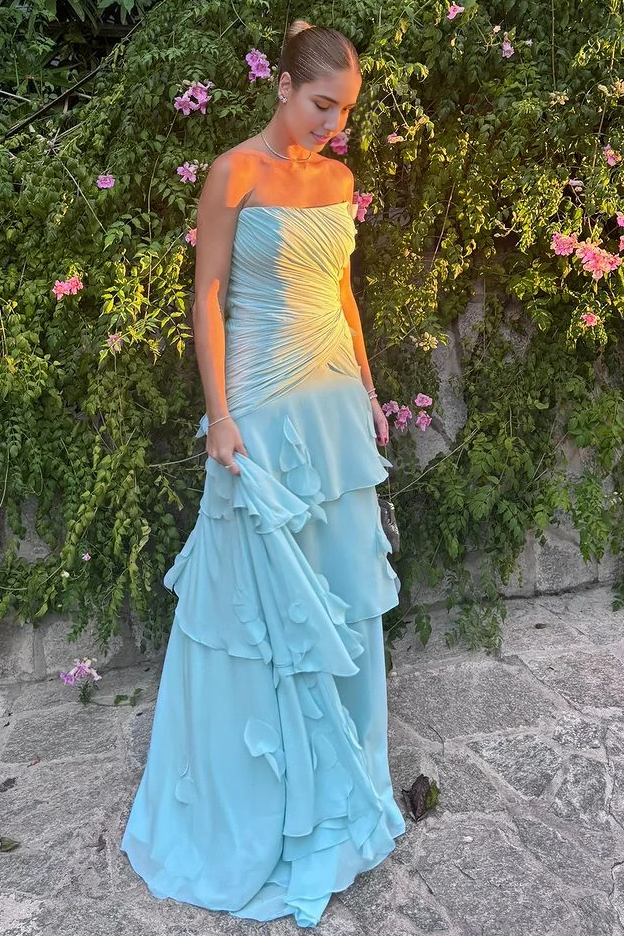 Blue A-Line Empire-Waist Strapless Ruffles Pleats Prom Dress