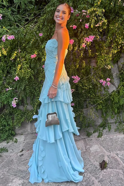 Blue A-Line Empire-Waist Strapless Ruffles Pleats Prom Dress