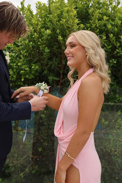 Halter V-Neck Pleated Sleeveless Long Prom Dress High Slit