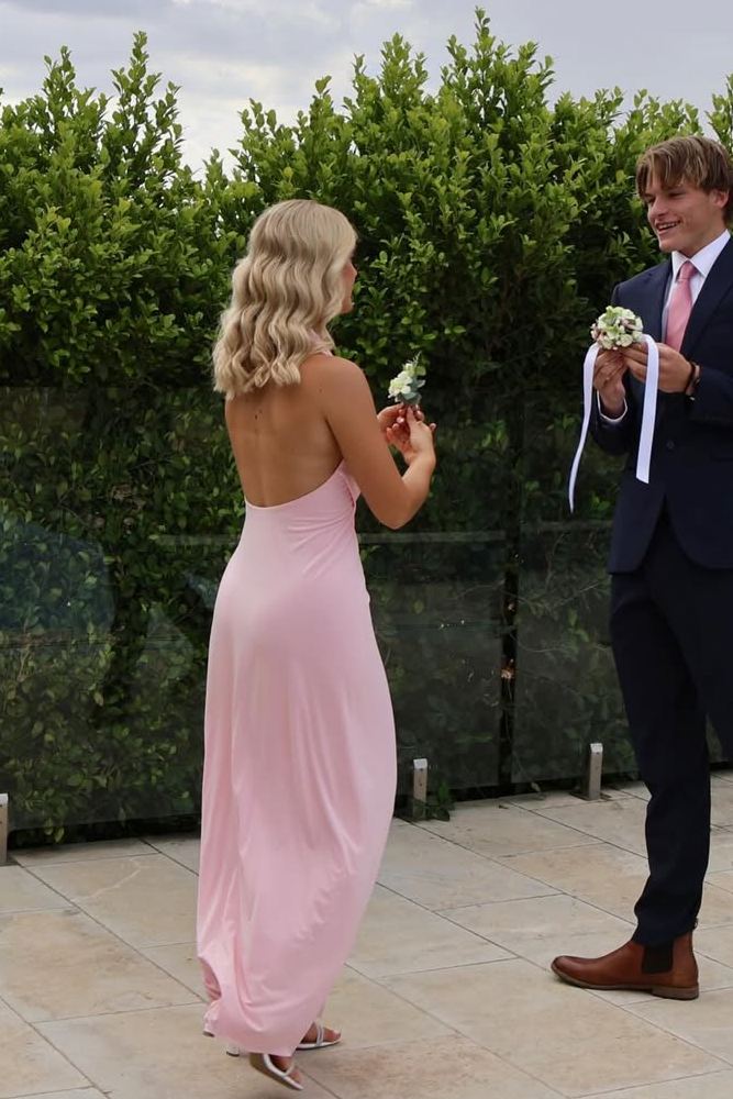 Halter V-Neck Pleated Sleeveless Long Prom Dress High Slit