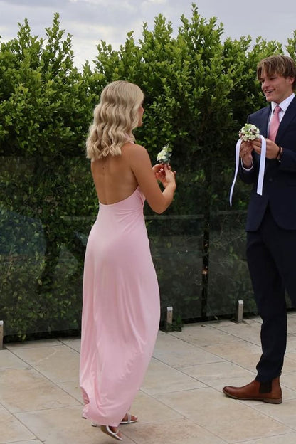 Halter V-Neck Pleated Sleeveless Long Prom Dress High Slit