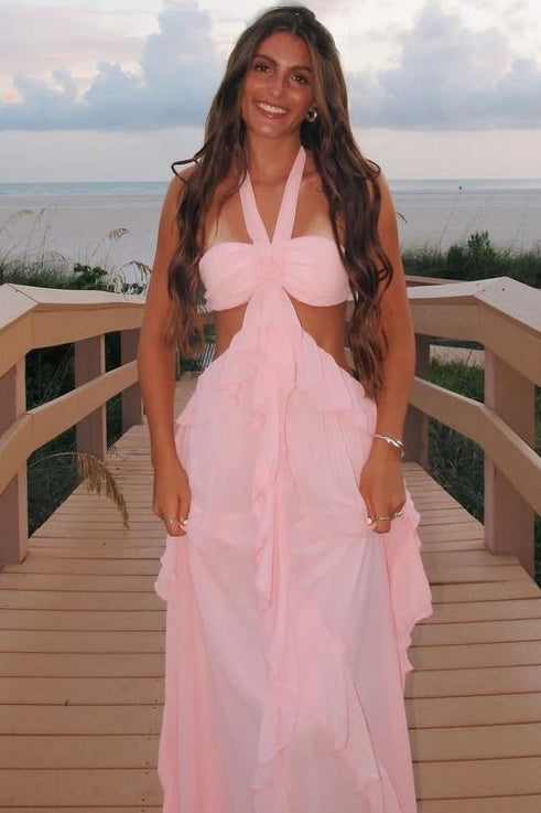 A-Line Sleeveless Flower Ruffles Chiffon Long Prom Dress