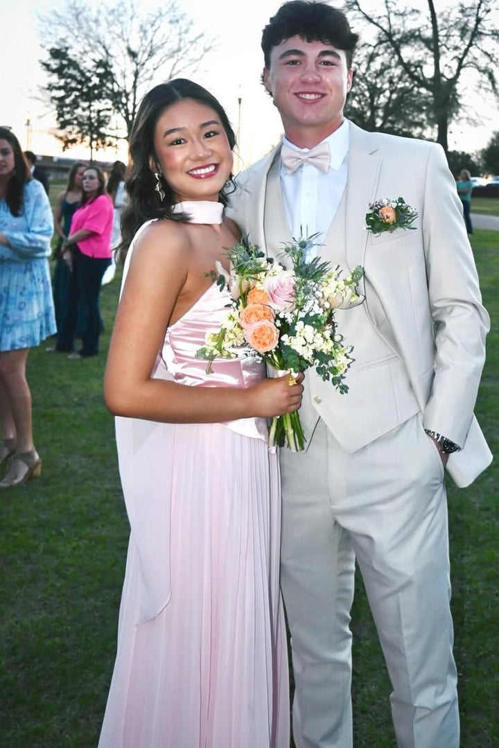 Pink A-Line Strapless Pleated Chiffon Evening Prom Gown
