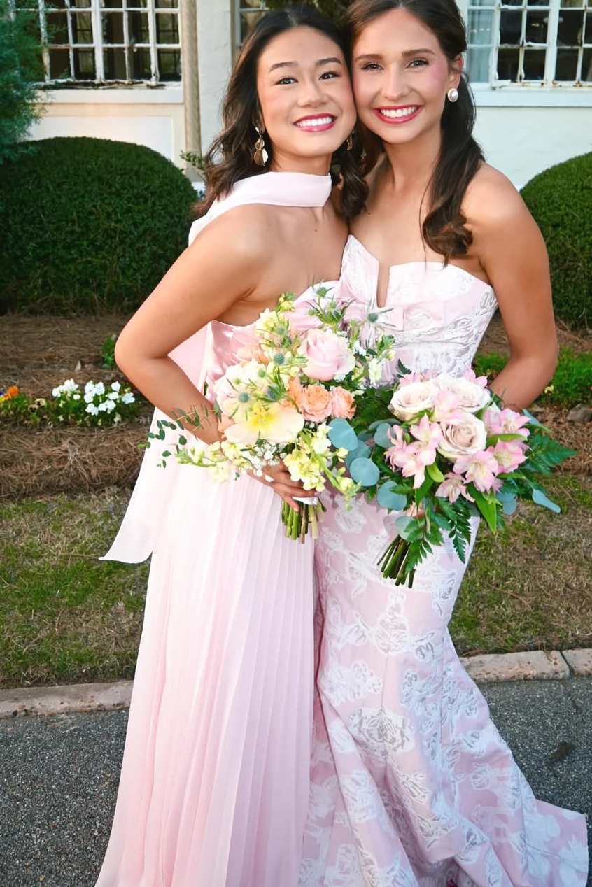 Pink A-Line Strapless Pleated Chiffon Evening Prom Gown