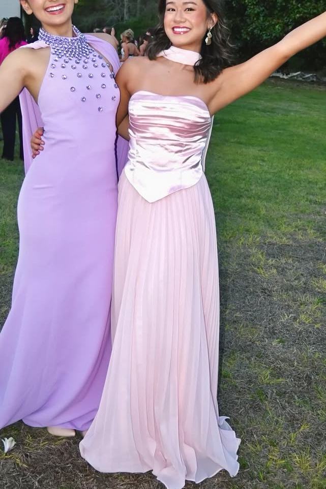 Pink A-Line Strapless Pleated Chiffon Evening Prom Gown