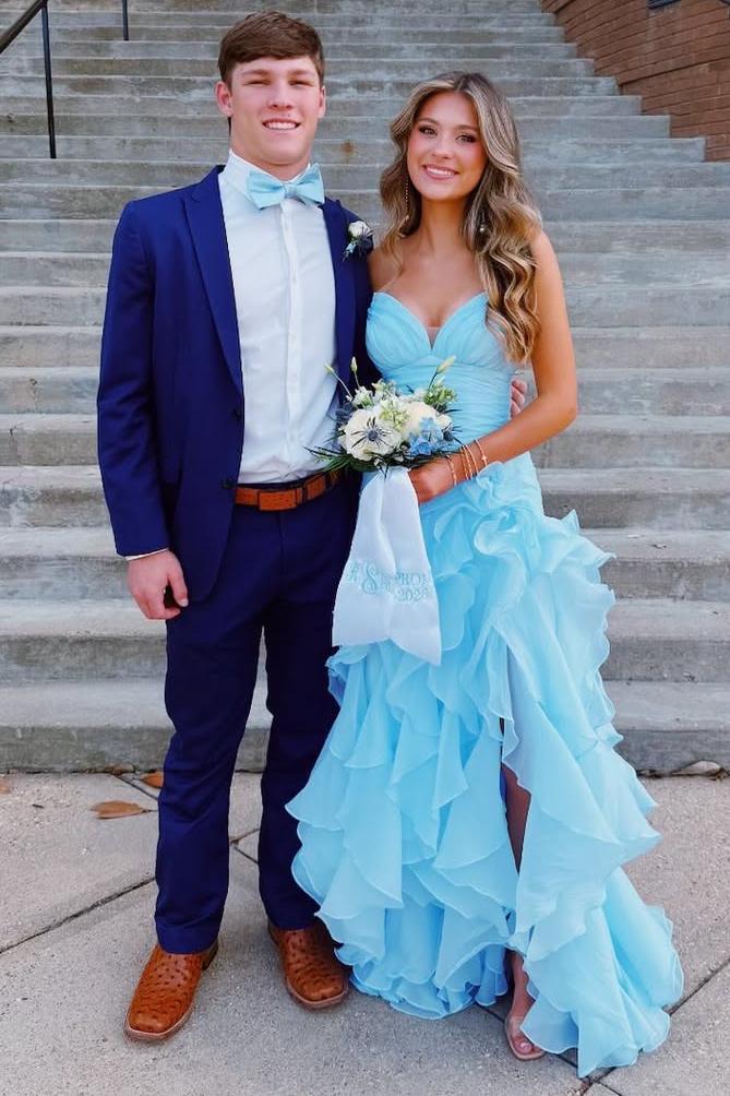 V-Neck Strapless Ruffled Sleeveless A-Line Prom Dress with Slit