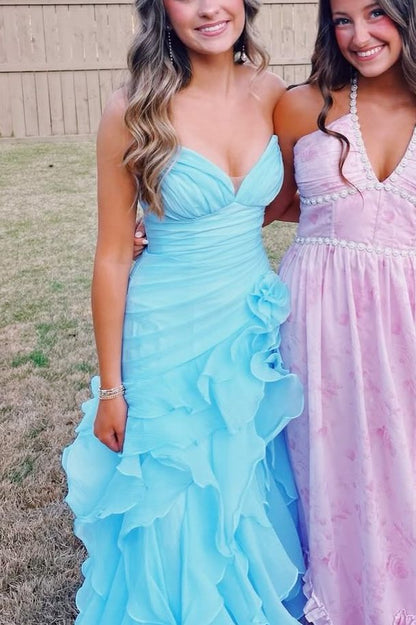 V-Neck Strapless Ruffled Sleeveless A-Line Prom Dress with Slit