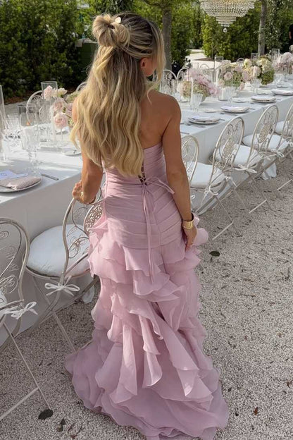 V-Neck Strapless Ruffled Sleeveless A-Line Prom Dress with Slit